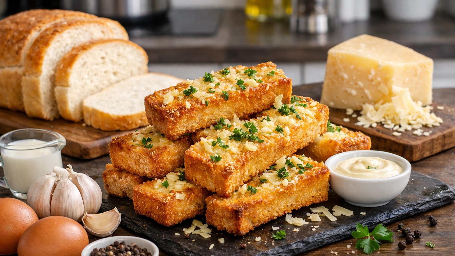 Фото блюда: Золотистые гренки с чесноком и сыром