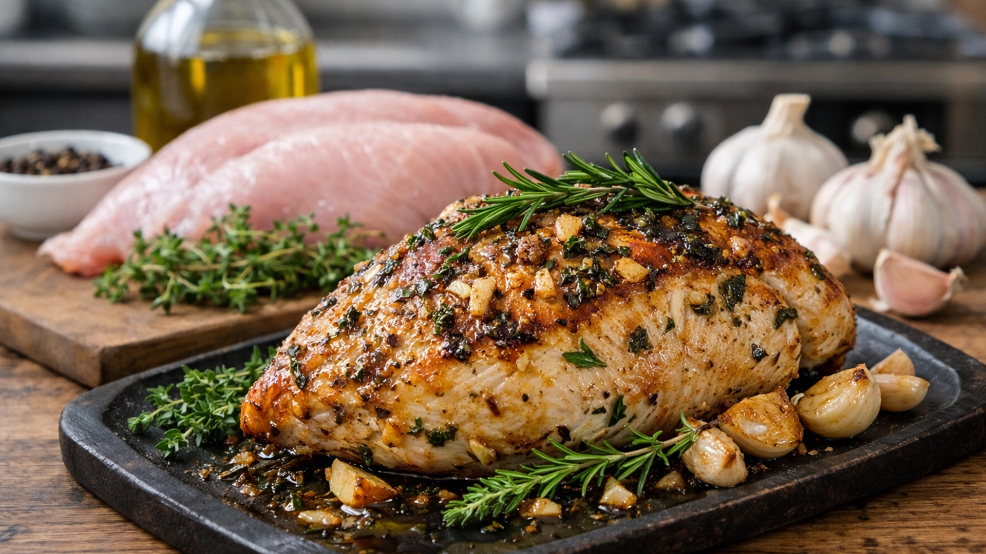 Фото блюда: Сочная грудка индейки запеченная с чесноком и ароматными травами