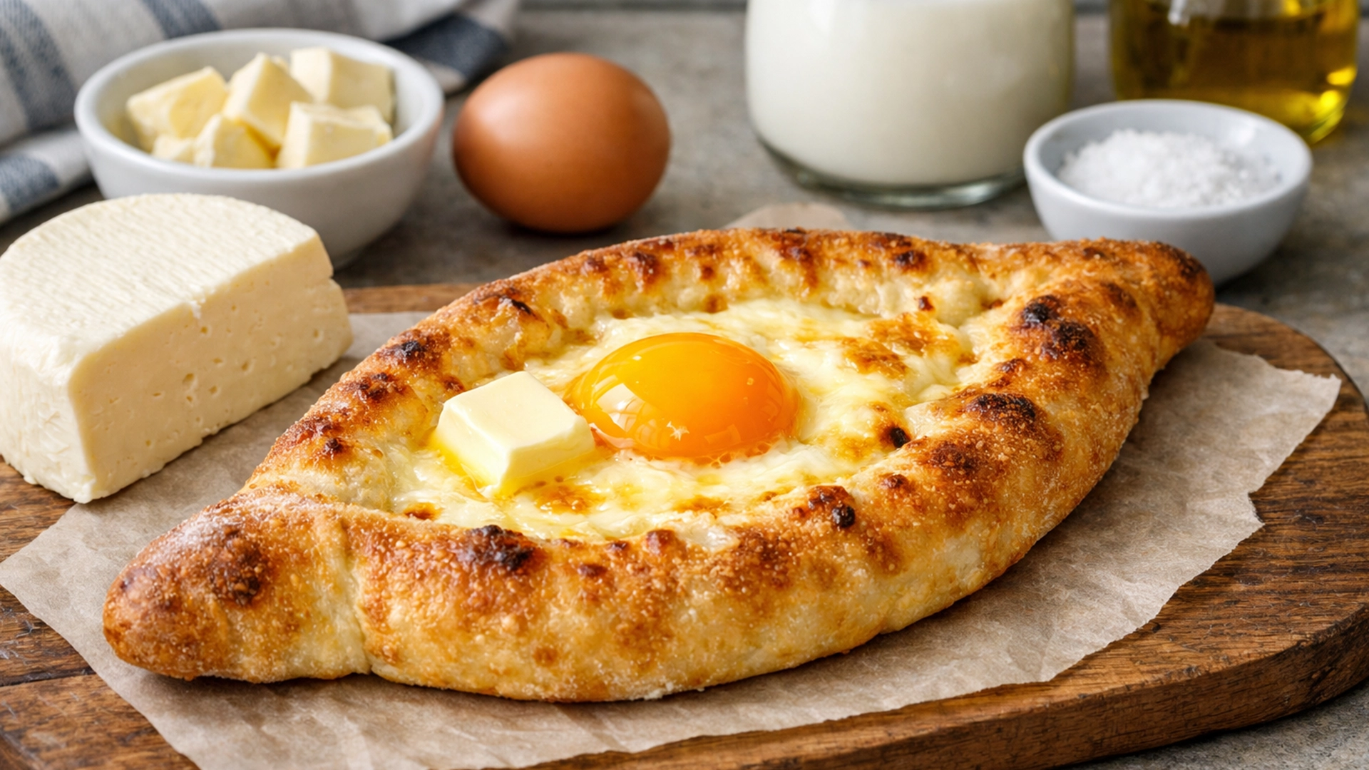 Фото блюда: Хачапури по-аджарски с яйцом и сыром