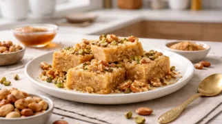 Фото рецепта: Халва из манной крупы с орехами ароматный десерт рецепт бангладешской кухни