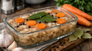 Фото рецепта: Наваристый холодец из свиной шкуры с чесноком и ароматными специями