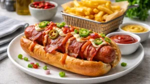 Фото блюда: Хот-дог с беконом и острым соусом рецепт американского фастфуда