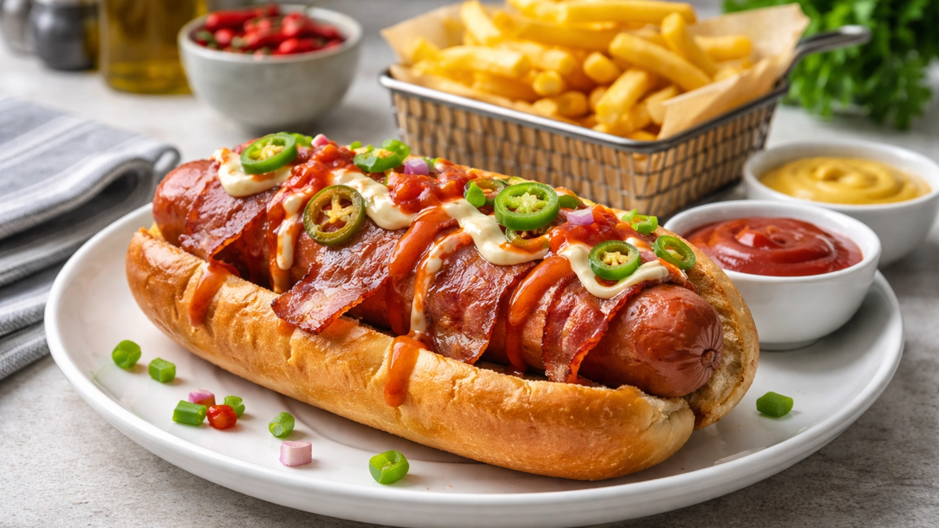 Фото блюда: Хот-дог с беконом и острым соусом рецепт американского фастфуда