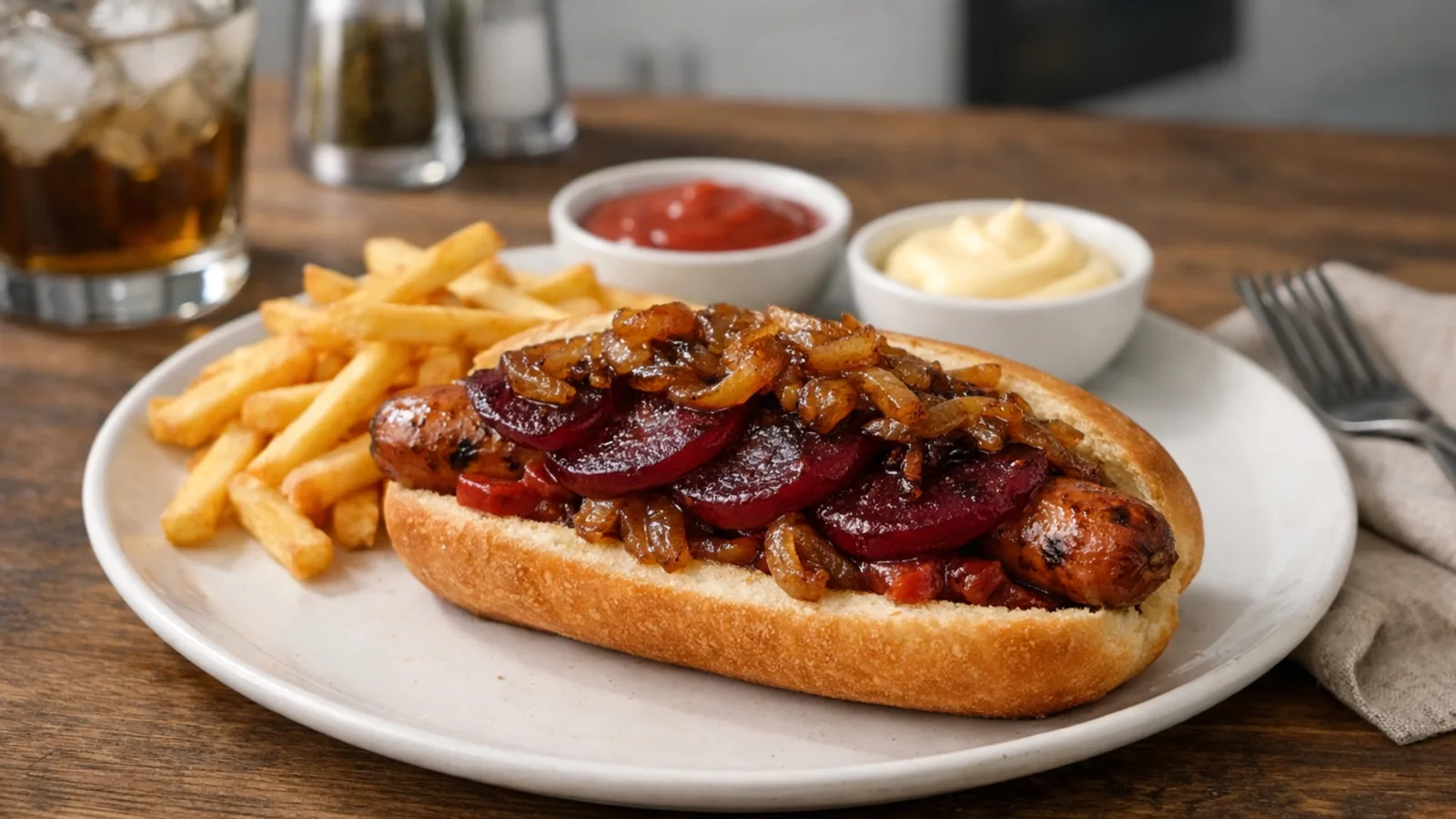 Фото блюда: Хот-дог с карамелизированным луком и свеклой