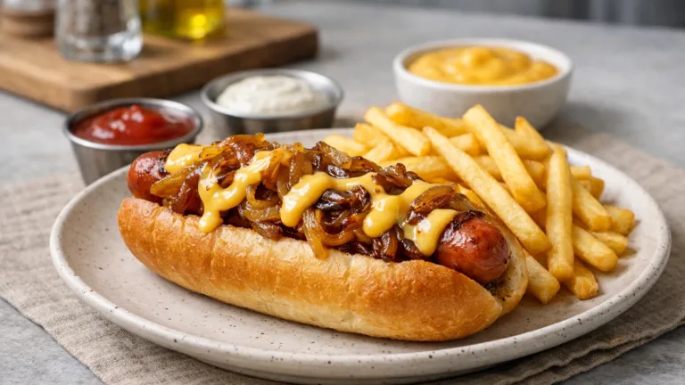 Фото блюда: Хот-дог с карамелизированным луком и сырным соусом рецепт американского фастфуда