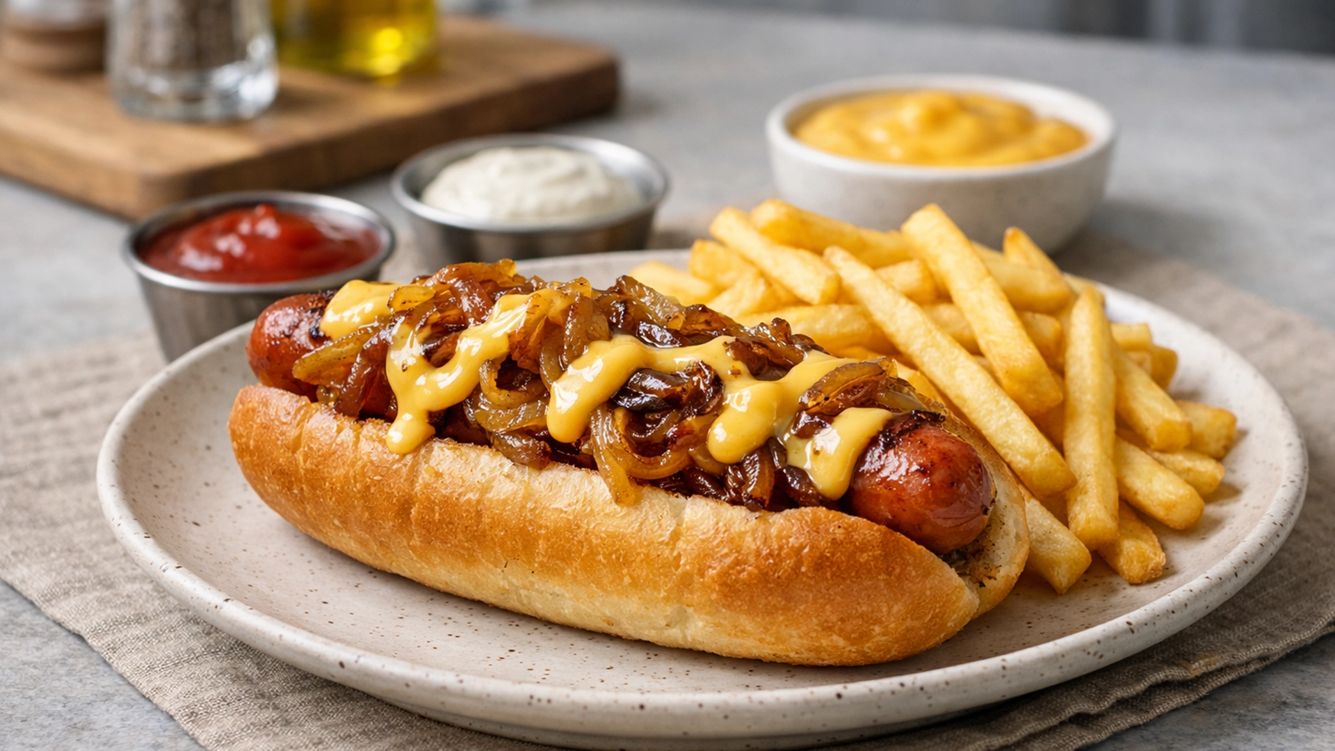 Фото блюда: Хот-дог с карамелизированным луком и сырным соусом рецепт американского фастфуда