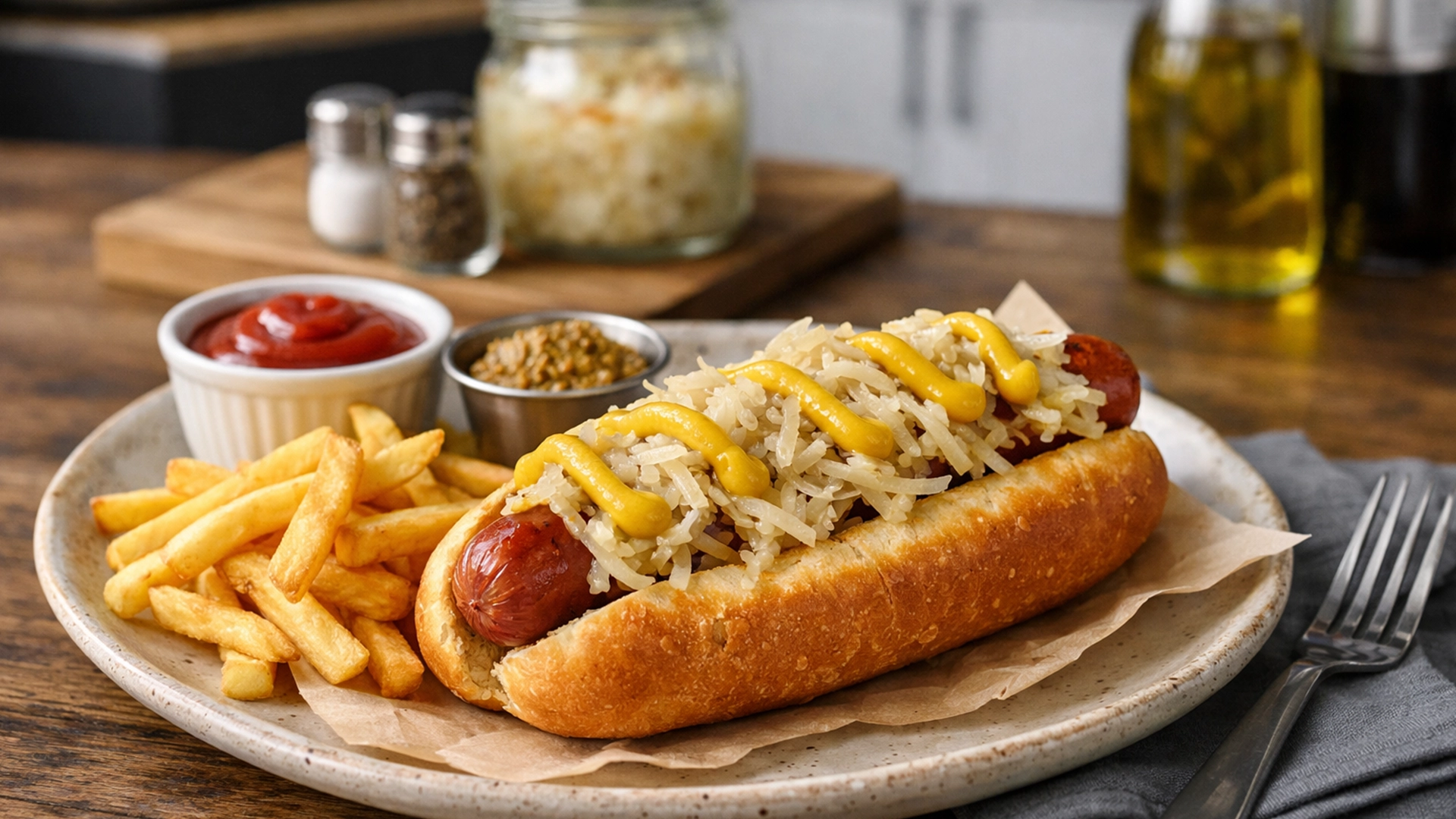 Фото блюда: Хот-дог с квашеной капустой и горчицей рецепт американского фастфуда