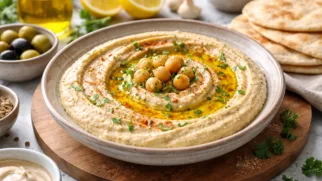 Фото рецепта: Иорданский хумус из нута с тахини и оливковым маслом
