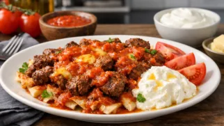 Фото рецепта: Искендер кебаб из баранины с томатным соусом и йогуртом