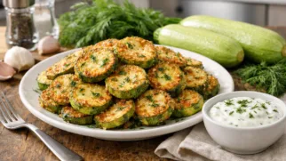 Фото рецепта: Кабачки жареные с чесноком укропом и сметанным соусом