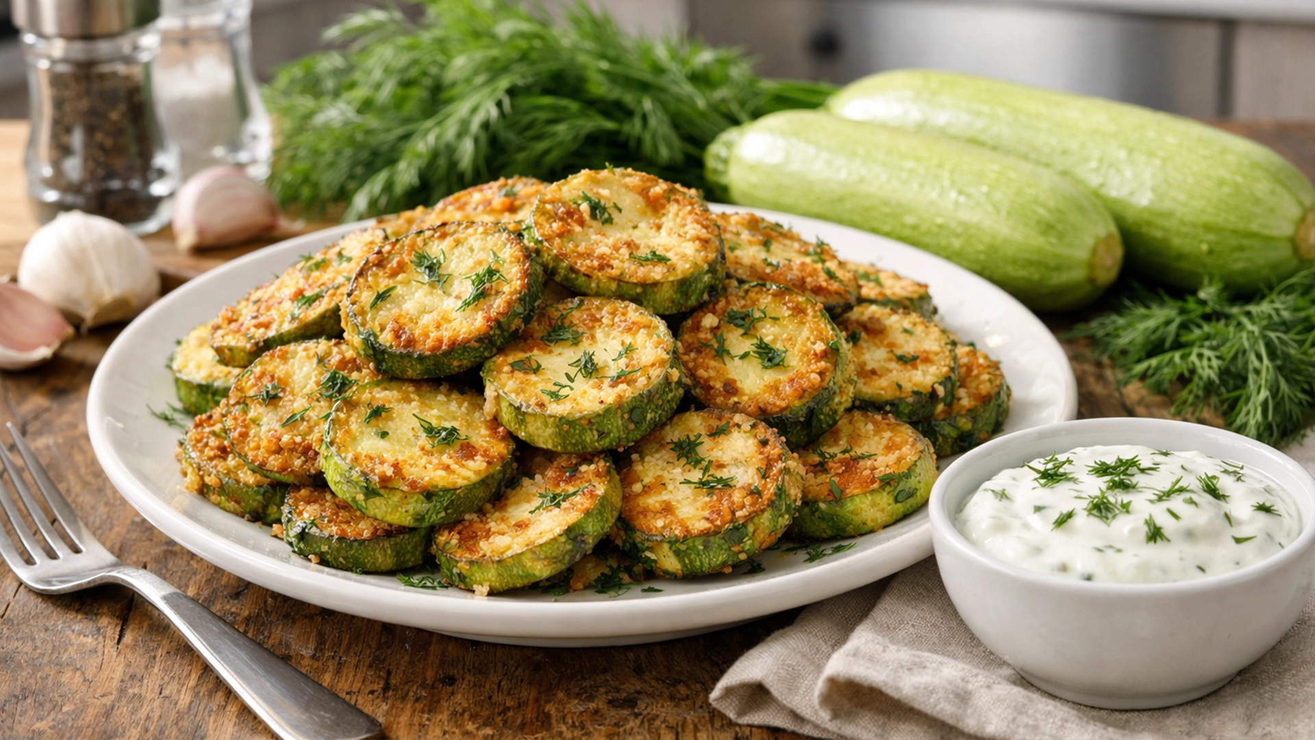 Фото блюда: Кабачки жареные с чесноком укропом и сметанным соусом