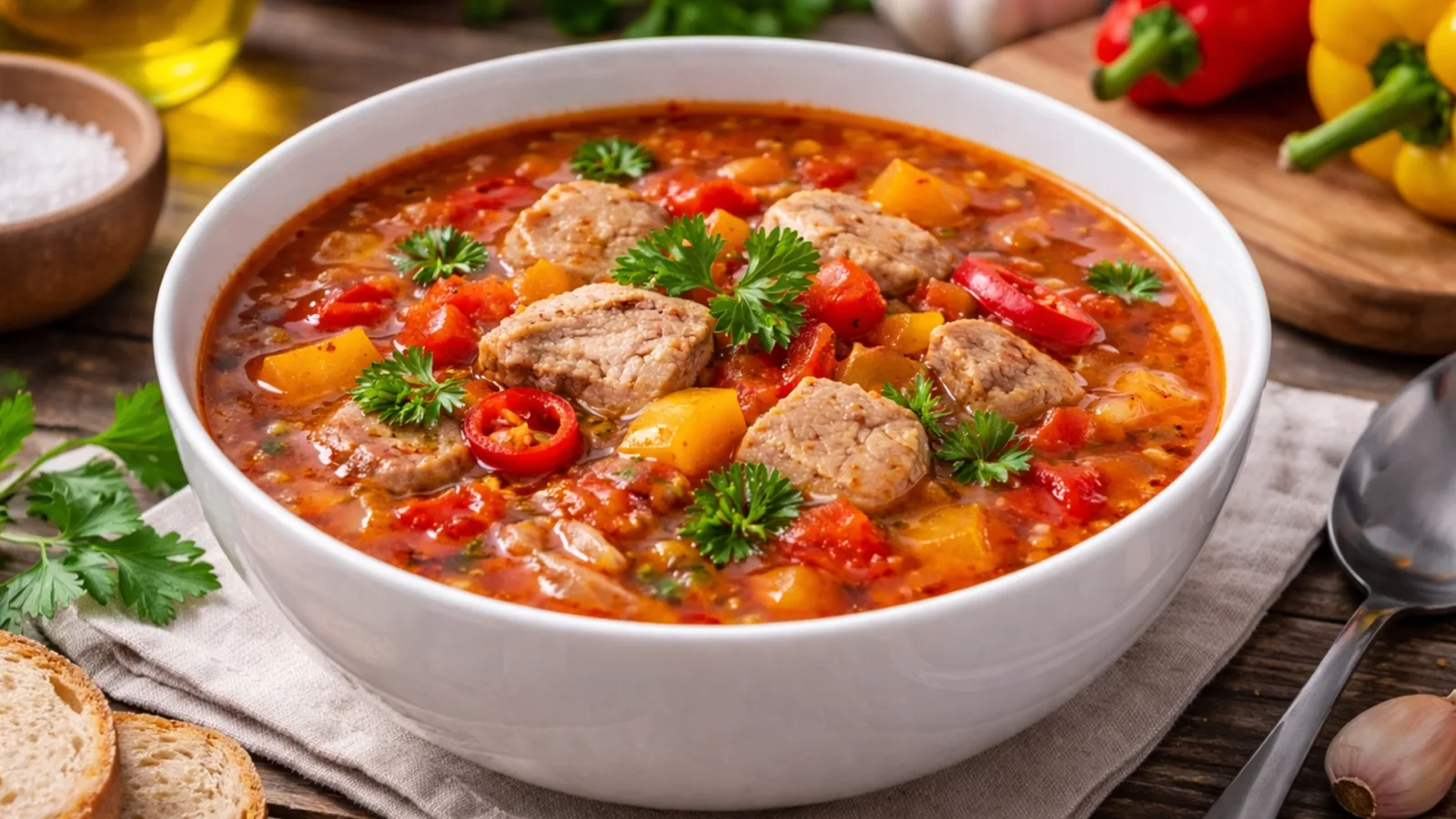 Фото блюда: Насыщенный суп с индейкой, овощами и пряным ароматом перца., рецепт с фото