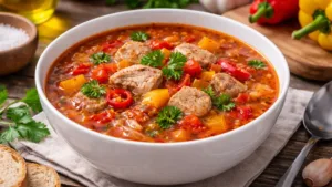 Фото блюда: Насыщенный суп с индейкой, овощами и пряным ароматом перца.