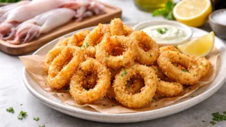Фото рецепта: Хрустящие кальмары с плотной золотистой корочкой