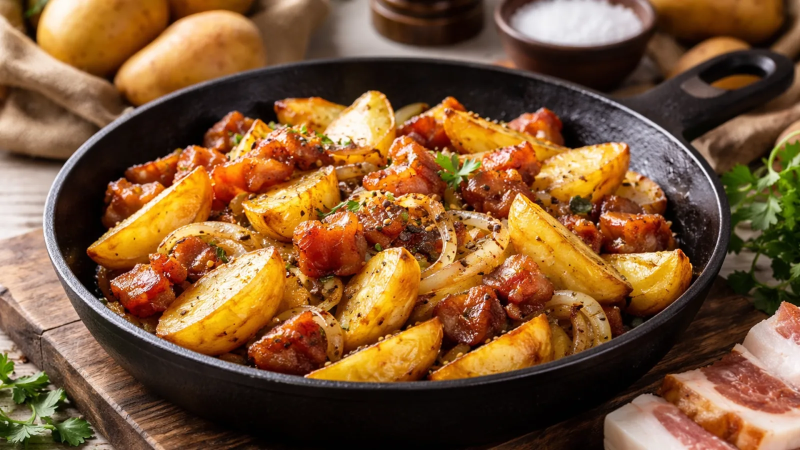 Фото блюда: Золотистый жареный картофель со шпиком и луком на сковороде