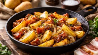 Фото рецепта: Золотистый жареный картофель со шпиком и луком на сковороде