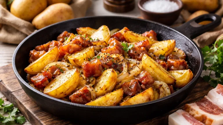 Фото блюда: Золотистый жареный картофель со шпиком и луком на сковороде