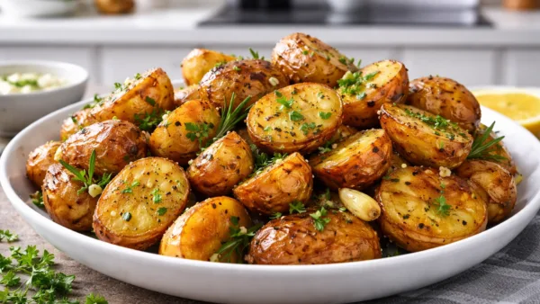 Запечённый картофель с зеленью на тарелке