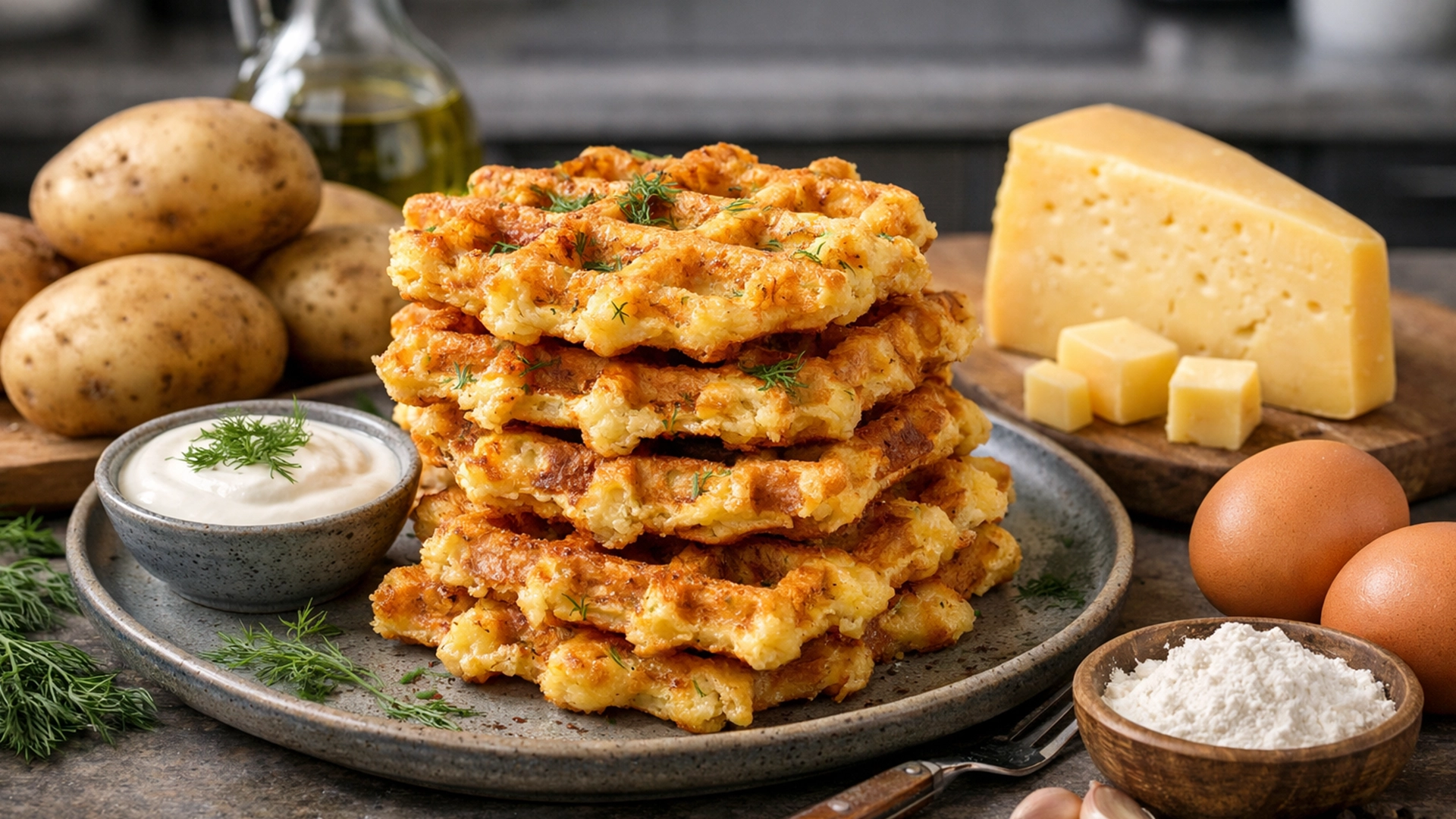 Фото блюда: Золотистые картофельные вафли с сыром