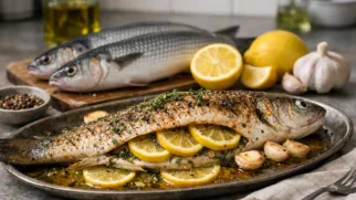 Фото рецепта: Кефаль запеченная в духовке с лимоном и чесноком