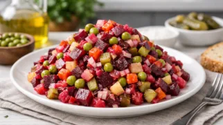 Фото рецепта: Классический винегрет со свеклой картофелем и солеными огурцами