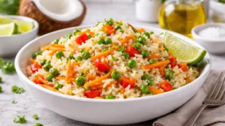 Фото рецепта: Ароматный рис с нежным кокосовым вкусом и яркими овощами.