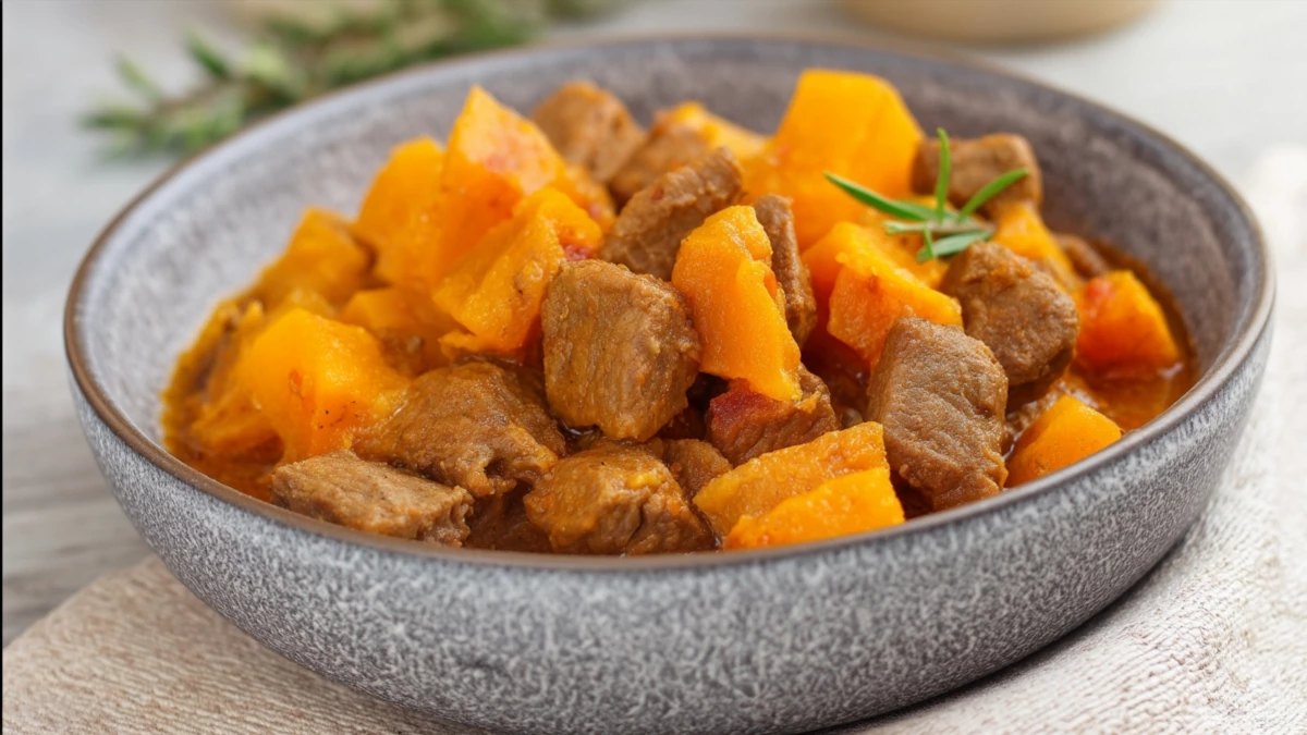 Фото блюда: Насыщенная конина с тыквой для сытного ужина, рецепт с фото