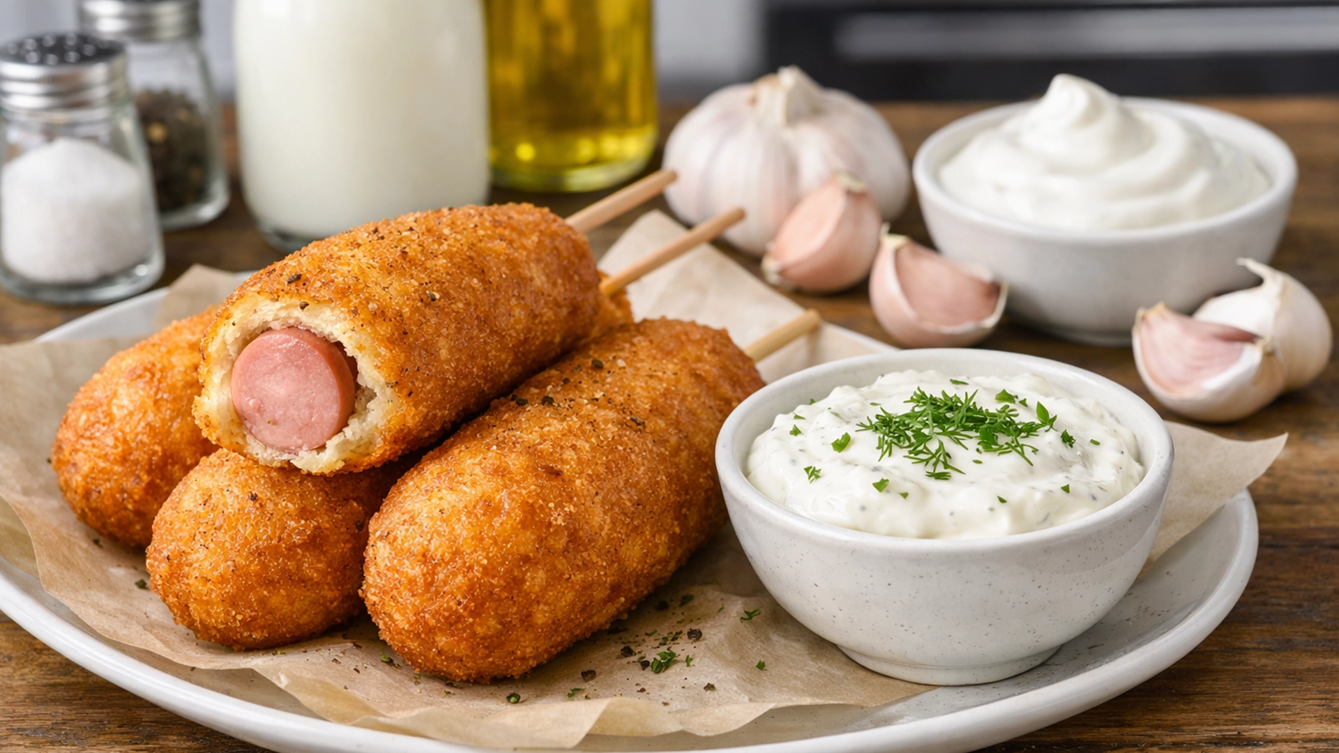 Фото блюда: Корн-дог с чесночным соусом