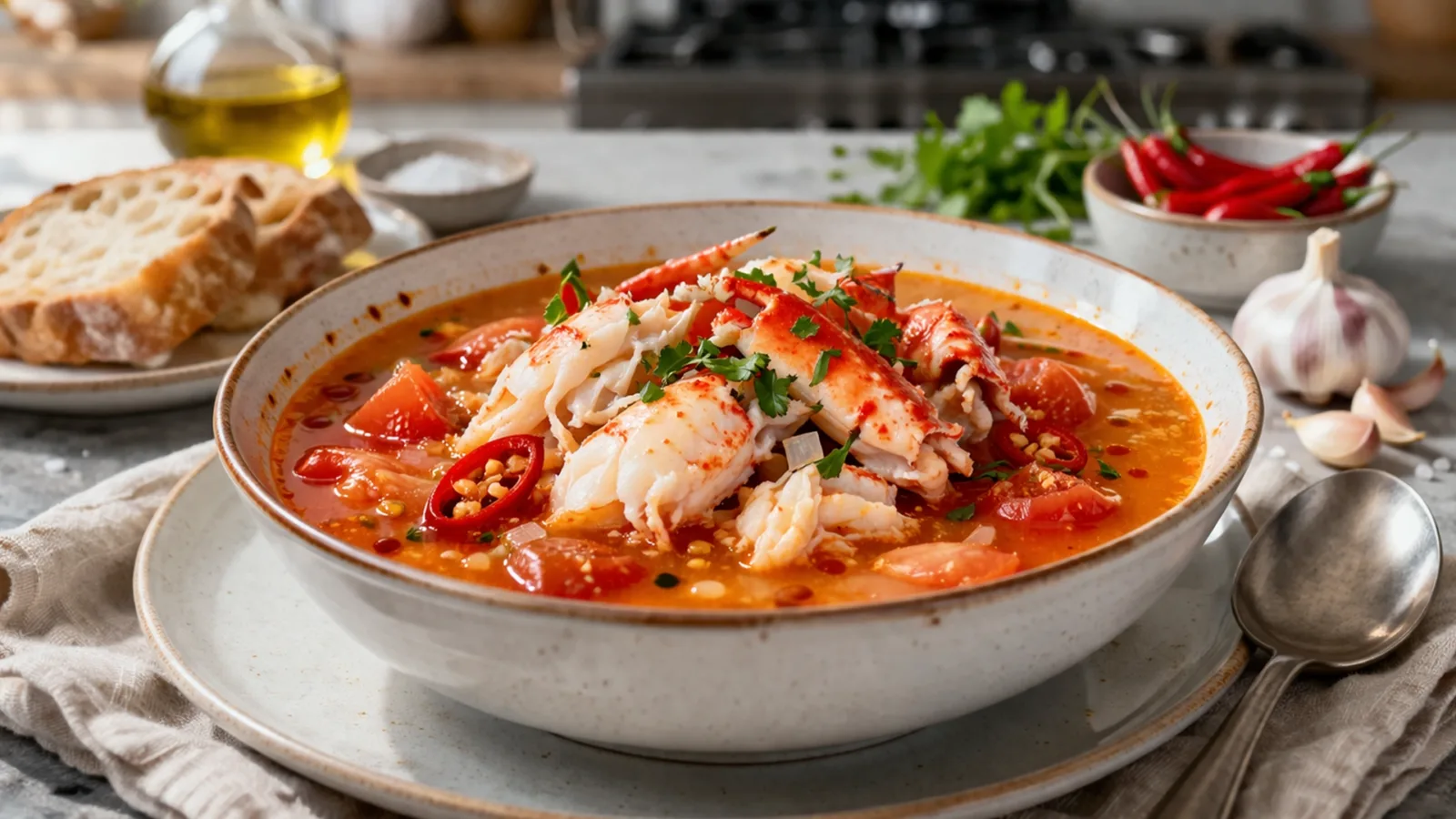 Фото блюда: Ароматный суп с крабом и насыщенной остротой перца., рецепт с фото