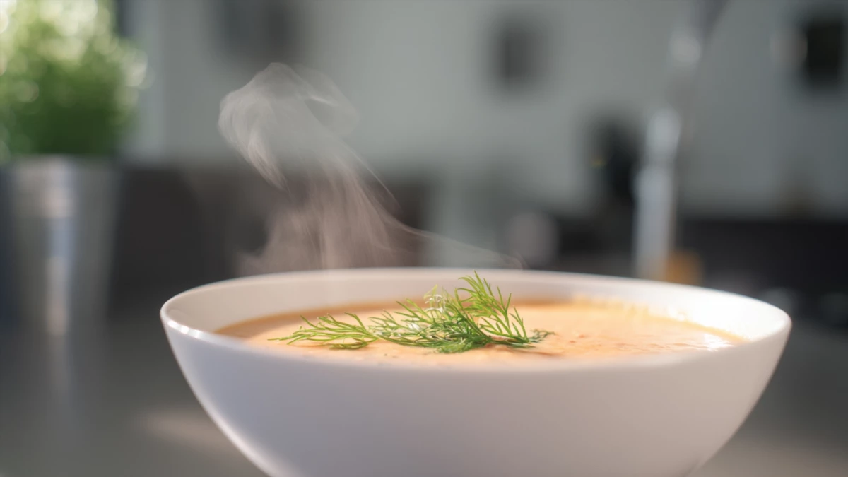 Фото блюда: Нежный крем суп из лосося с бархатной текстурой и ароматом укропа, рецепт с фото