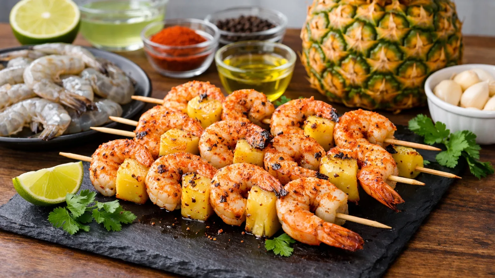 Фото блюда: Сочные креветки на шпажках с ананасом и лаймом