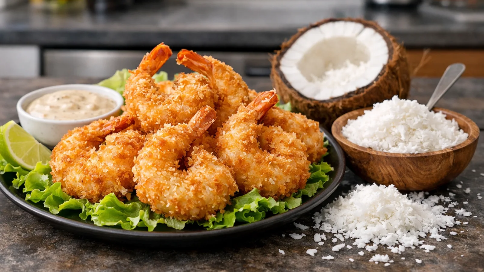 Фото блюда: Креветки в кокосовой панировке, рецепт с фото