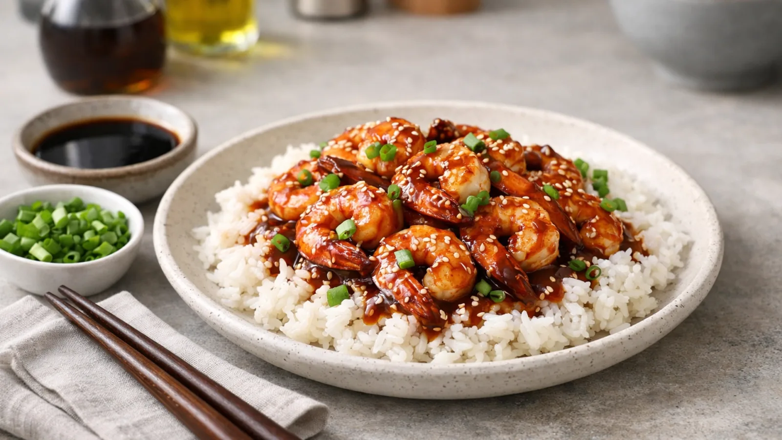 Фото блюда: Креветки в соусе терияки с рисом в стиле паназиатской кухни