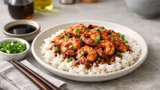 Фото рецепта: Креветки в соусе терияки с рисом в стиле паназиатской кухни