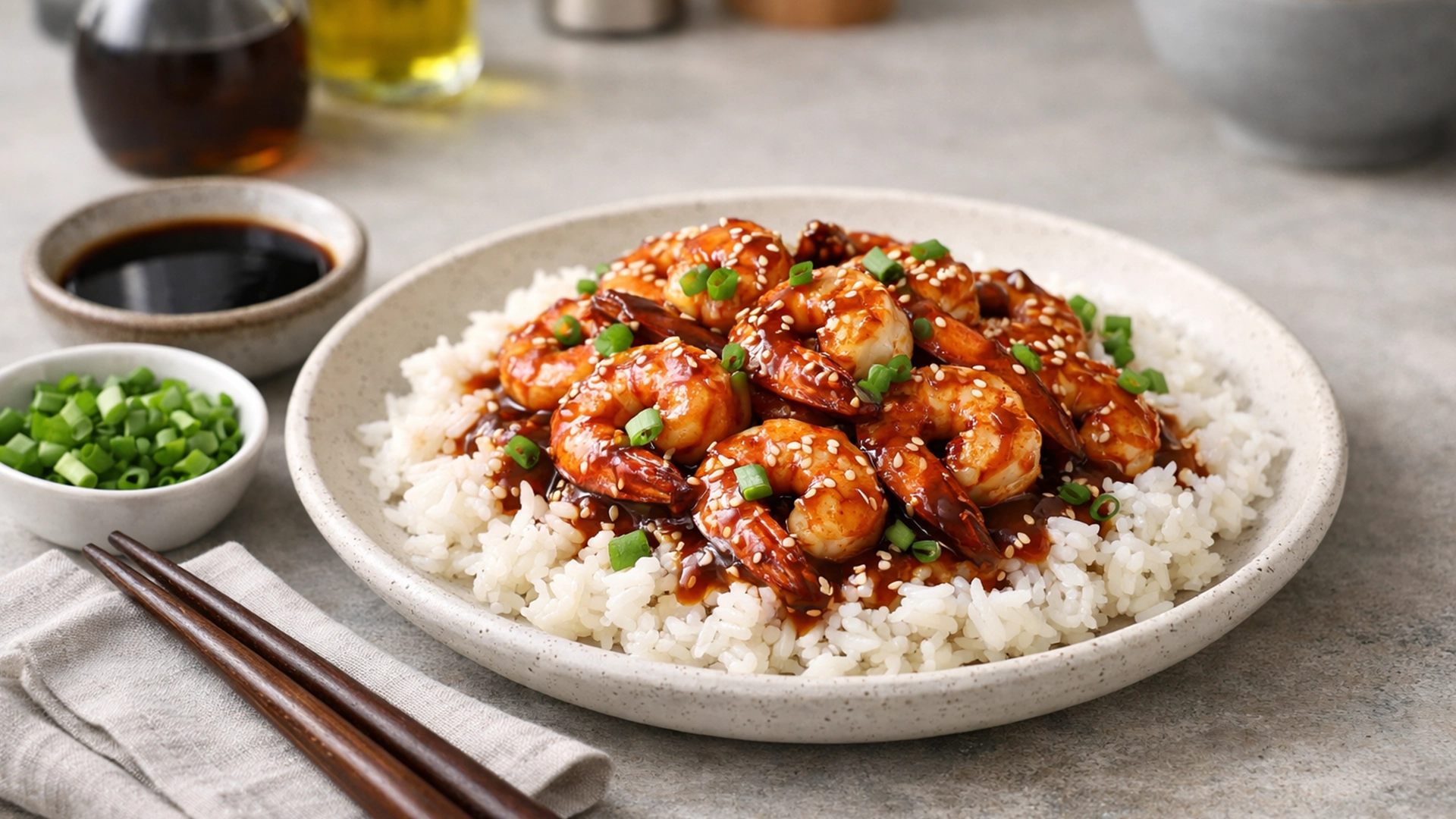 Фото блюда: Креветки в соусе терияки с рисом в стиле паназиатской кухни