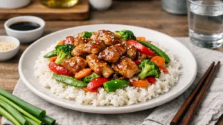 Фото рецепта: Курица терияки с овощами и рисом рецепт популярного блюда паназиатской кухни