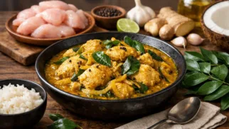 Фото рецепта: Ароматная курица тушёная с листьями карри и кокосовым молоком