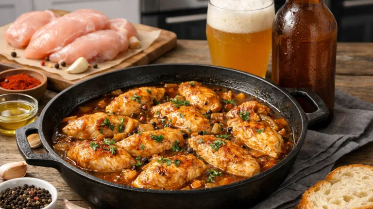 Фото рецепта: Курица тушеная в нефильтрованном пиве ароматная