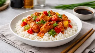 Фото рецепта: Курица в кисло-сладком соусе с рисом рецепт паназиатской кухни