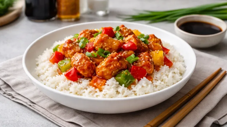 Фото блюда: Курица в кисло-сладком соусе с рисом рецепт паназиатской кухни