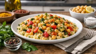 Фото рецепта: Кускус с овощами и нутом рецепт ароматного блюда североафриканской кухни