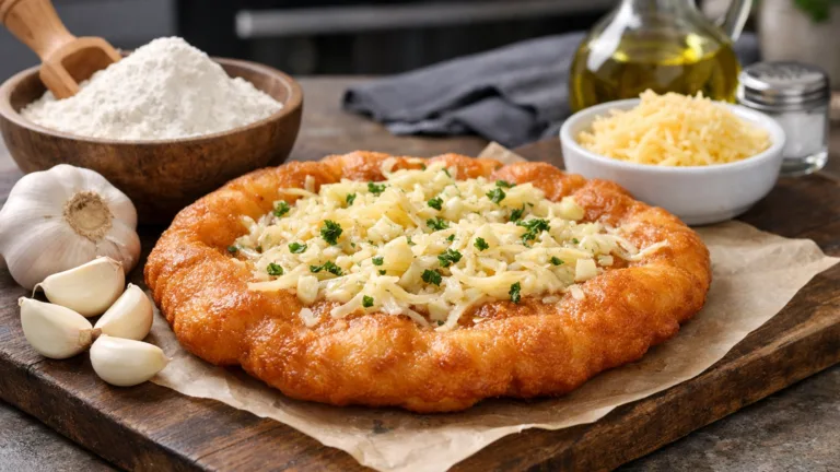 Фото блюда: Лангош жареная лепешка с чесноком и сыром