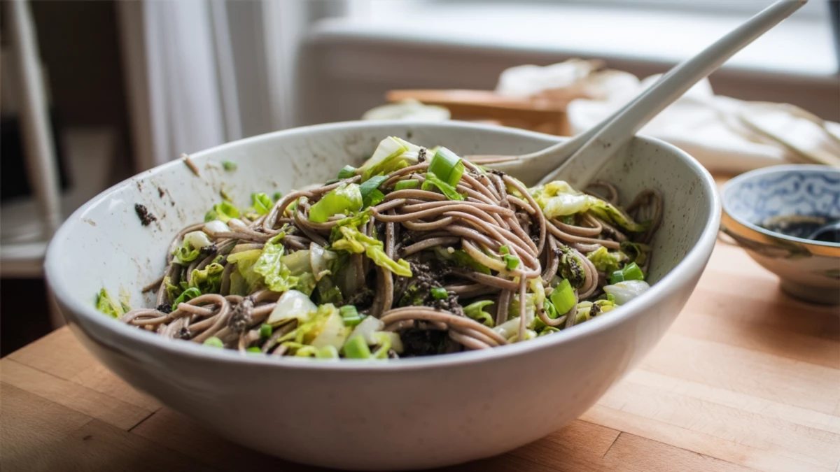 Фото блюда: Лапша соба с китайской капустой и соевым соусом для легкого обеда, рецепт с фото