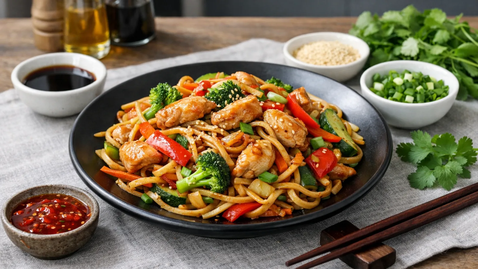 Фото блюда: Лапша вок с курицей и овощами в стиле паназиатской кухни