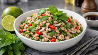 Фото рецепта: Пряный ларб салат из мяса с лаймом и мятой