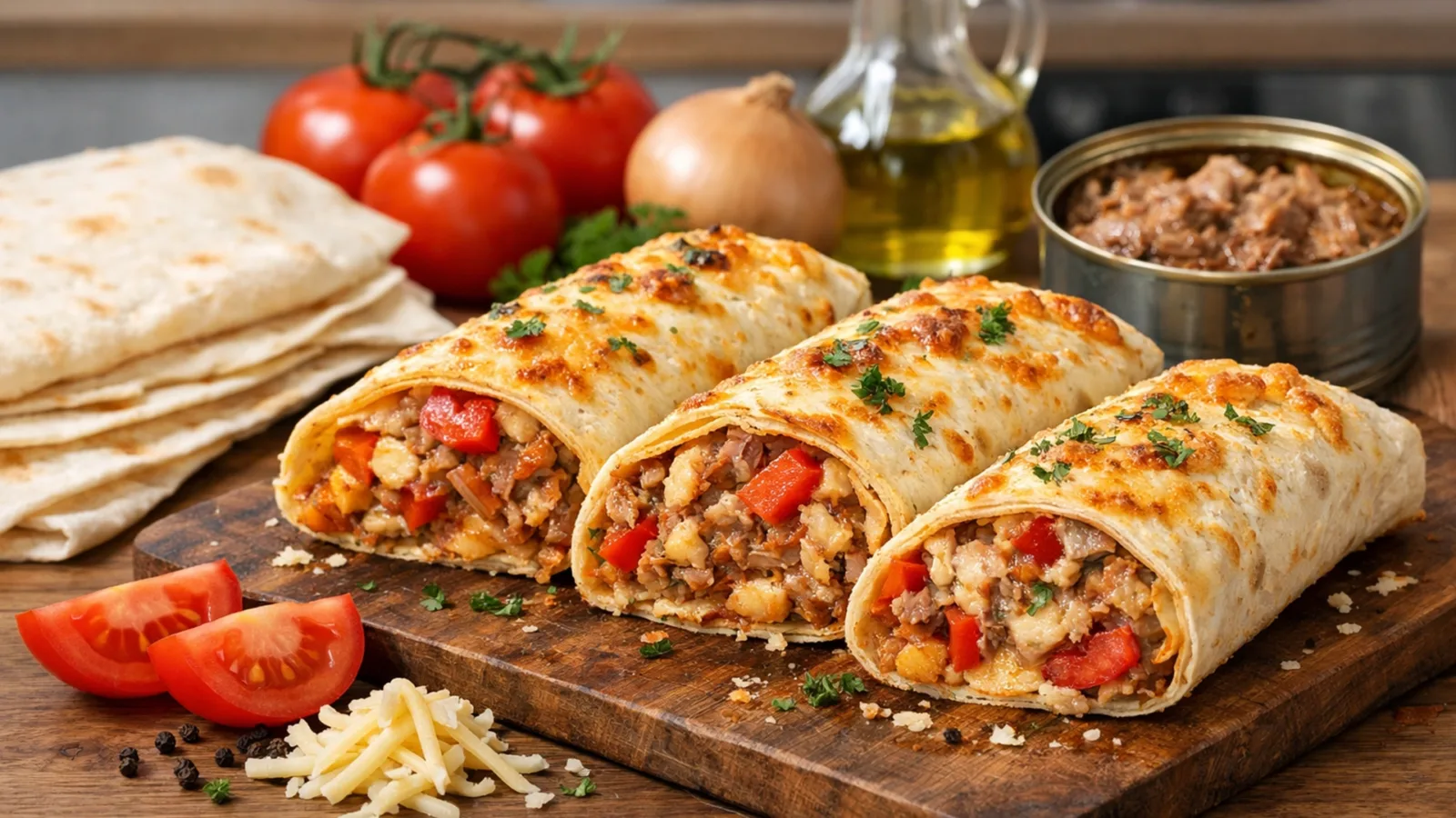 Фото блюда: Лаваш с тушенкой из свинины сыром и овощами запеченный в духовке