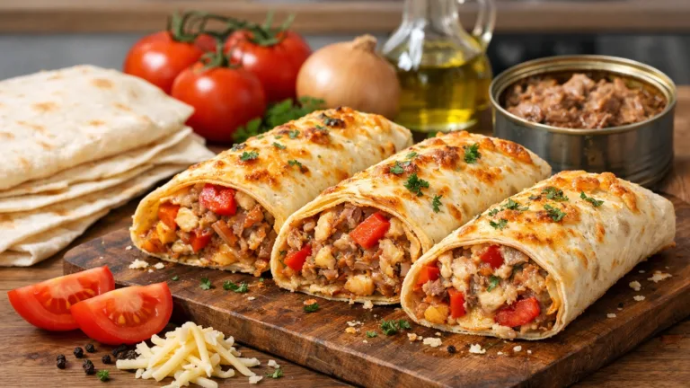 Фото блюда: Лаваш с тушенкой из свинины сыром и овощами запеченный в духовке