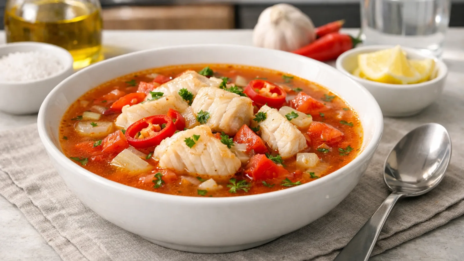 Фото блюда: Ароматный острый суп с рыбой и насыщенным овощным бульоном., рецепт с фото