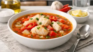 Фото рецепта: Ароматный острый суп с рыбой и насыщенным овощным бульоном.