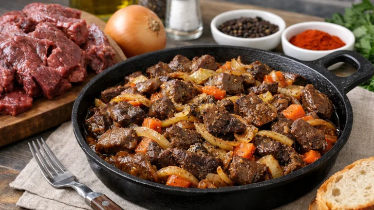 Фото блюда: Легкое говяжье тушеное с луком на сковороде